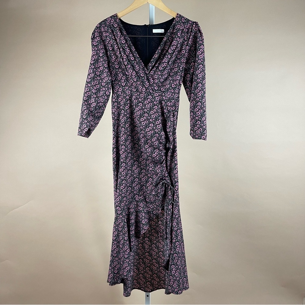 Lush Women's XS Side Tie Wrap Floral Midi Dress In Ditsy Black Ruffle Formal